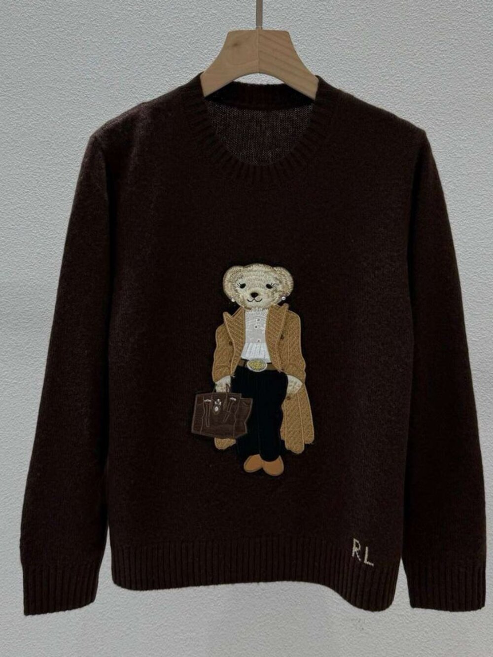 Polo Ralph Lauren Dark Brown Lady Polo Bear Embroidered Crewneck Knit Sweater - Picture 1 of 7